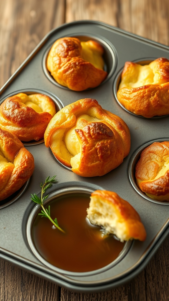 Fluffy vegan Yorkshire puddings in a muffin tin, served with vegan gravy on a wooden table.